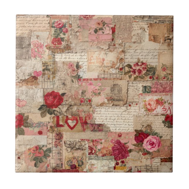 Vintage Romantic Rose Collage (8) Tile (Front)
