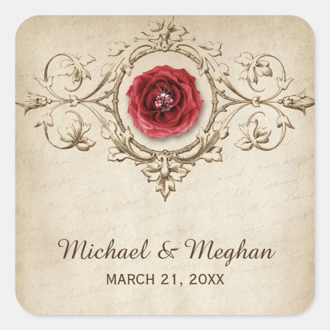 Vintage Romantic Rose Flourish Wedding Square Sticker (Front)