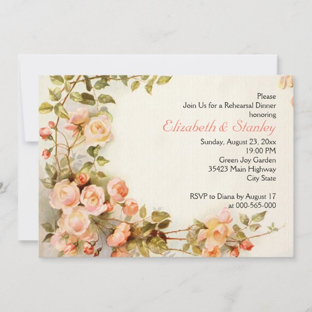 Vintage romantic roses wedding rehearsal dinner invitation (Front)