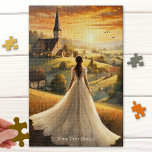 Vintage Romantic Sunset Landscape Art Puzzle<br><div class="desc">Puzzle featuring a romantic fine art painting of a lady in a beautiful dress looking at the sunset over the hills. In the distance is a church and a future filled with hope and light.</div>