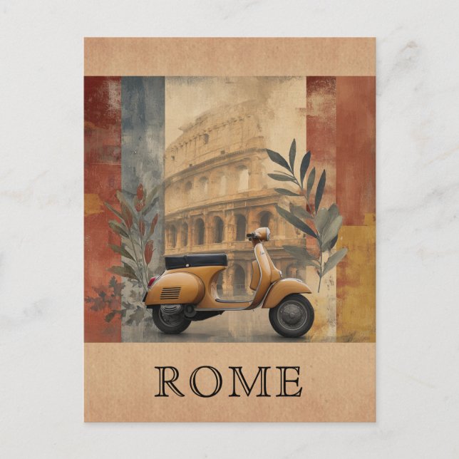 Vintage Rome Italy Scooter Colosseum Travel Postcard (Front)