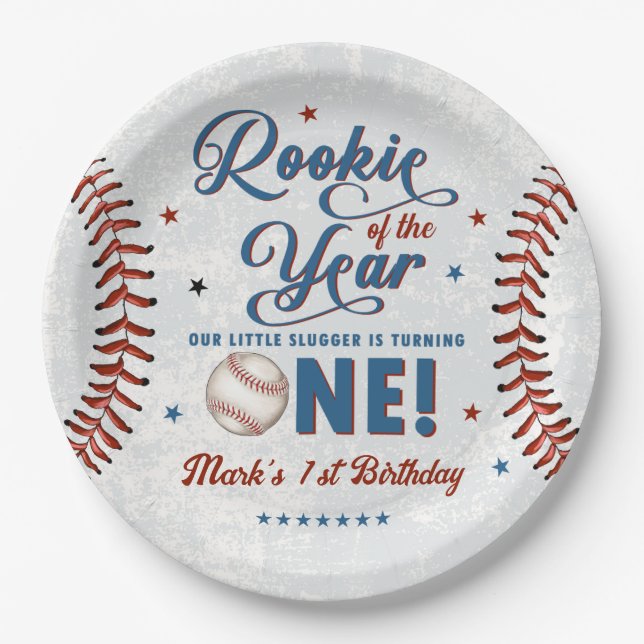 Vintage Rookie 1st Birthday Baseball Party Paper Plate (Front)