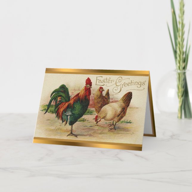 Vintage Rooster And Chickens Easter Folded Cards (Front)