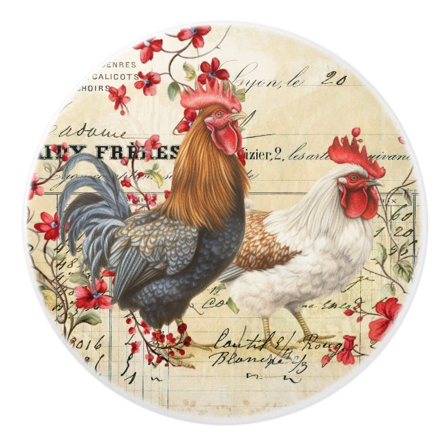 Vintage Rooster and Hen Ceramic Knob (Front)
