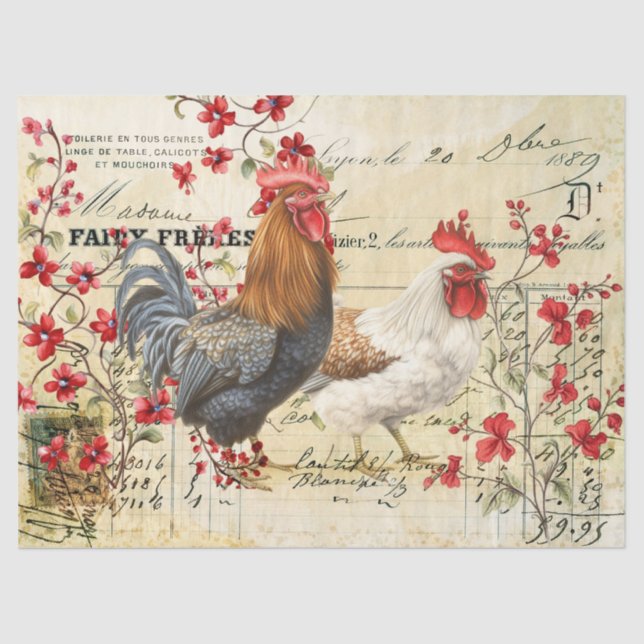Vintage Rooster and Hen Ephemera Decoupage Tissue Paper (Front)