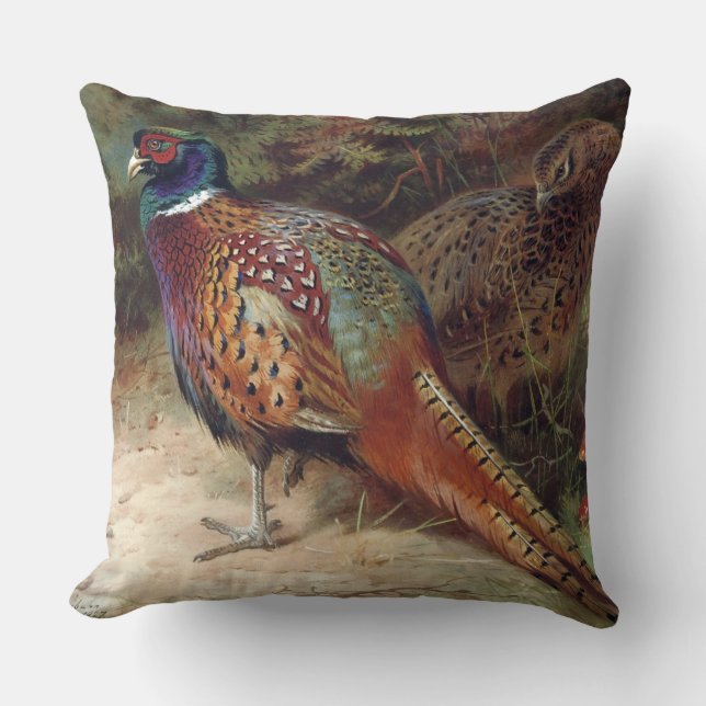 Vintage Rooster and Hen Pheasant Cushion (Front)