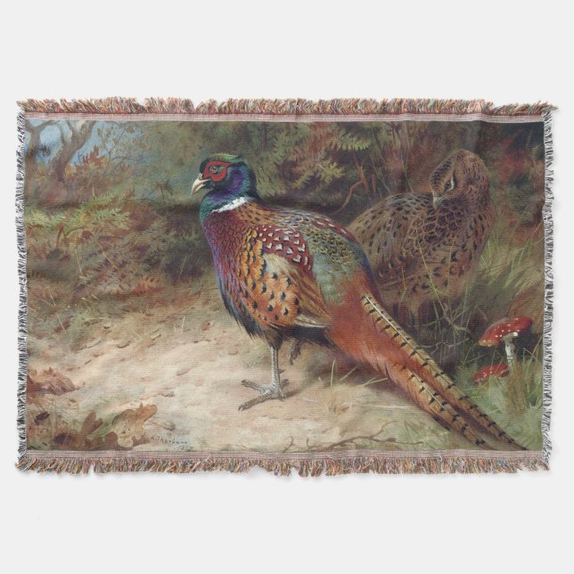 Vintage Rooster and Hen Pheasant Throw Blanket (Front)