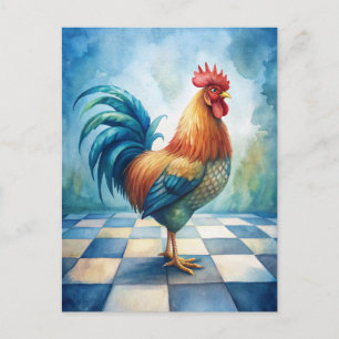 Vintage Rooster Blue White Chequered Postcard