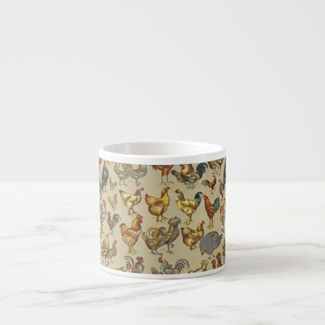 Vintage Rooster Chicken Pattern: Farmhouse Art Espresso Cup (Front)