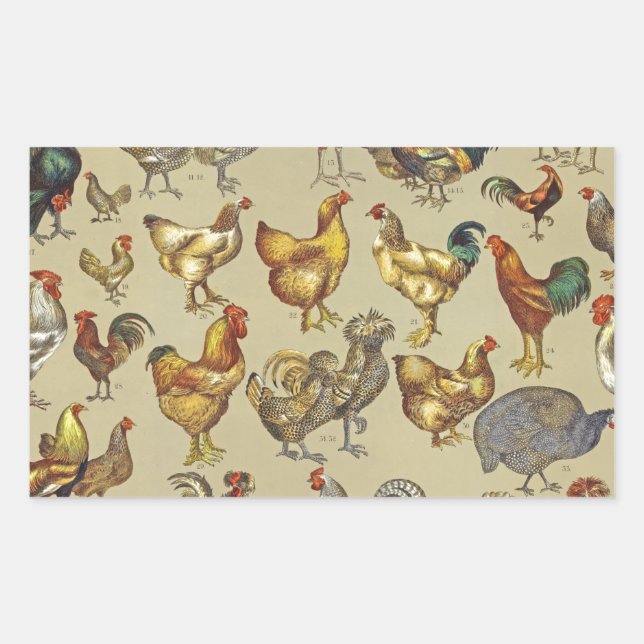 Vintage Rooster Chicken Pattern: Farmhouse Art Rectangular Sticker (Front)