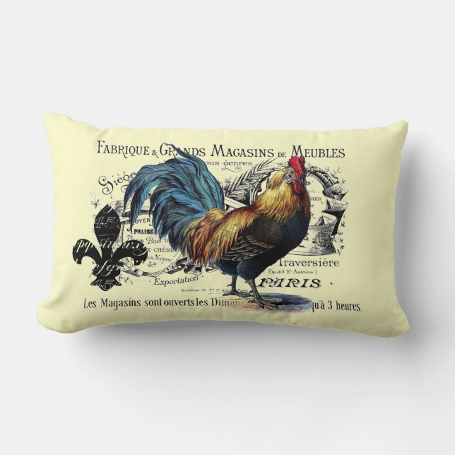 Vintage Rooster Collage Lumbar Cushion (Front)