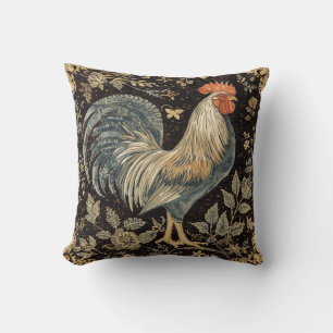 Vintage Rooster, Florals Pattern,Black Background Cushion
