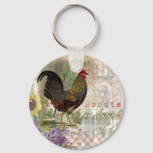 Vintage Rooster French Collage Artwork Print Key Ring