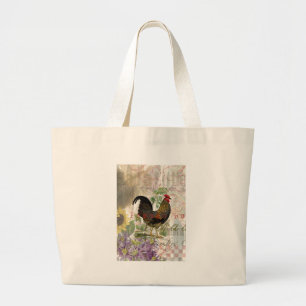Vintage Rooster French Collage Artwork Print Large Tote Bag