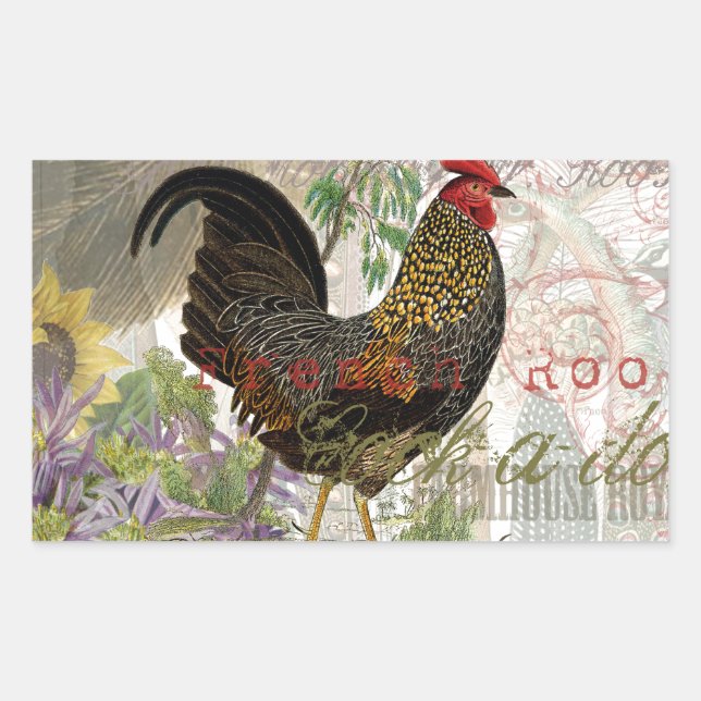 Vintage Rooster French Collage Farm Pet Rectangular Sticker (Front)