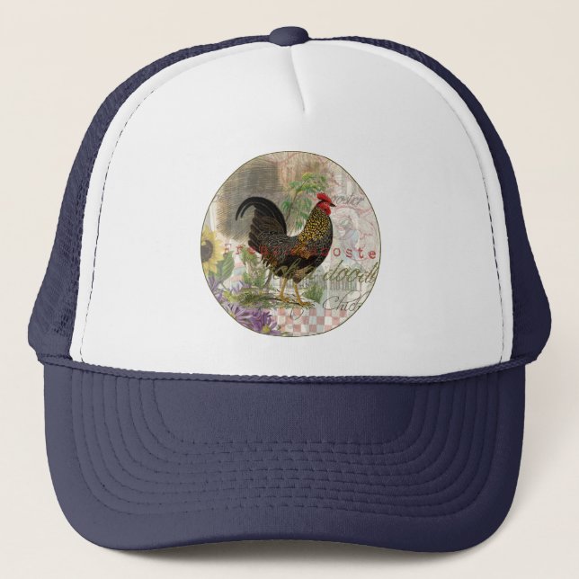Vintage Rooster French Collage Farm Pet Trucker Hat (Front)