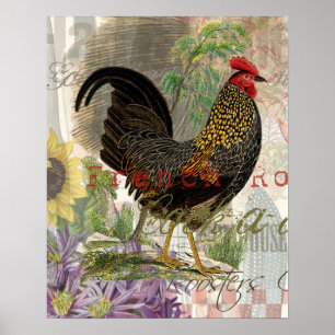Vintage Rooster French Collage Poster
