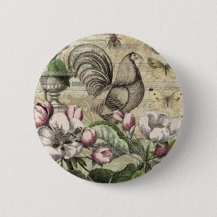 Vintage Rooster Garden Collage Art: French Country 6 Cm Round Badge