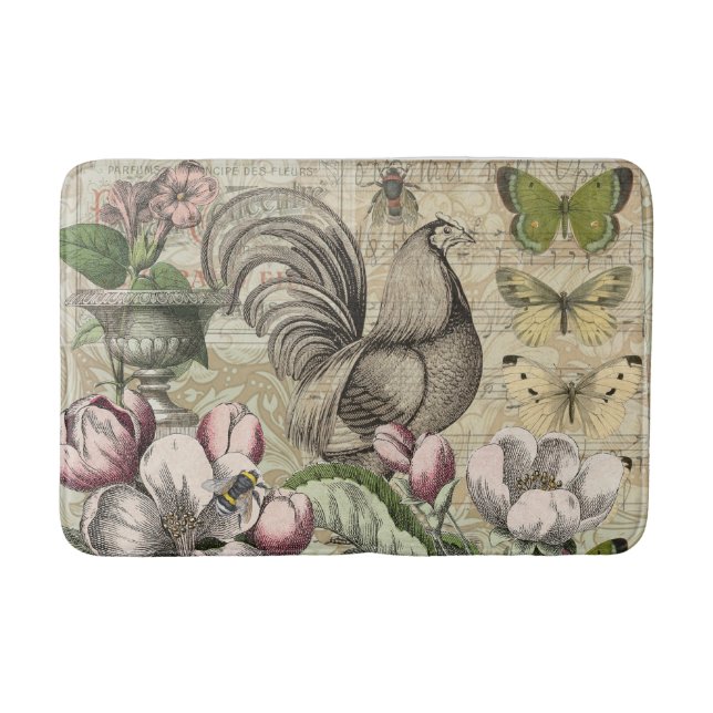 Vintage Rooster Garden Collage Art: French Country Bath Mat (Front)