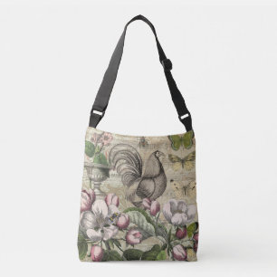 Vintage Rooster Garden Collage Art: French Country Crossbody Bag