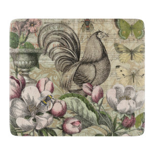 Vintage Rooster Garden Collage Art: French Country Cutting Board