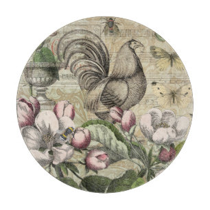 Vintage Rooster Garden Collage Art: French Country Cutting Board