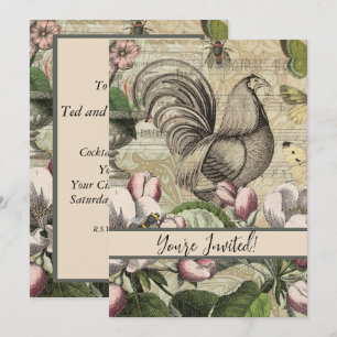 Vintage Rooster Garden Collage Art: French Country Invitation