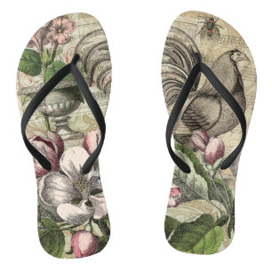 Vintage Rooster Garden Collage Art: French Country Jandals