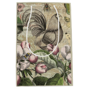 Vintage Rooster Garden Collage Art: French Country Medium Gift Bag