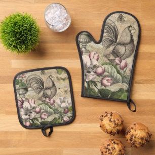 Vintage Rooster Garden Collage Art: French Country Oven Mitt & Pot Holder Set