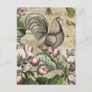 Vintage Rooster Garden Collage Art: French Country Postcard