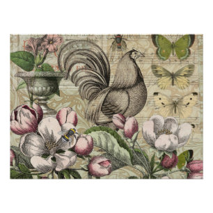 Vintage Rooster Garden Collage Art: French Country Poster