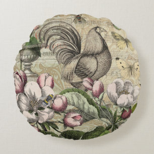 Vintage Rooster Garden Collage Art: French Country Round Cushion