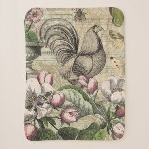 Vintage Rooster Garden Collage Art: French Country Sherpa Blanket