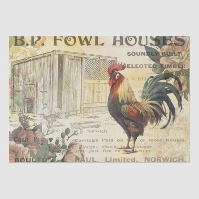 Vintage Rooster Hen House Advert Decoupage Tissue Paper (Front)