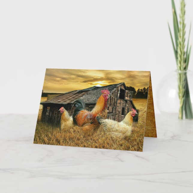Vintage Rooster Hens Rustic Barn Coop Card (Front)