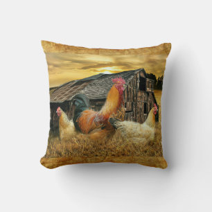 Vintage Rooster Hens Rustic Barn Coop Cushion