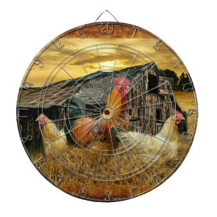 Vintage Rooster Hens Rustic Barn Coop Dartboard