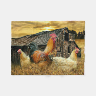 Vintage Rooster Hens Rustic Barn Coop Fleece Blanket