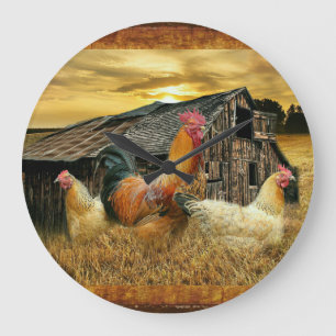 Vintage Rooster Hens Rustic Barn Coop Large Clock