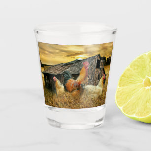 Vintage Rooster Hens Rustic Barn Coop Shot Glass