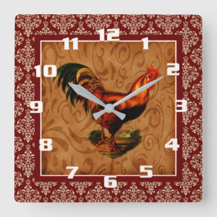 Vintage Rooster on a Rustic damask Pattern Square Wall Clock