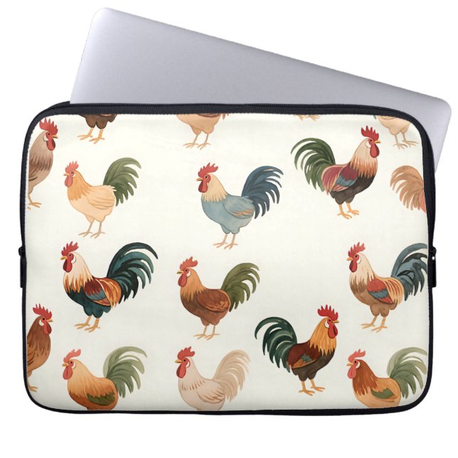 Vintage Rooster Pattern Farmhouse Style Laptop Sleeve (Front)