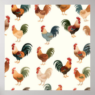 Vintage Rooster Pattern Farmhouse Style Poster