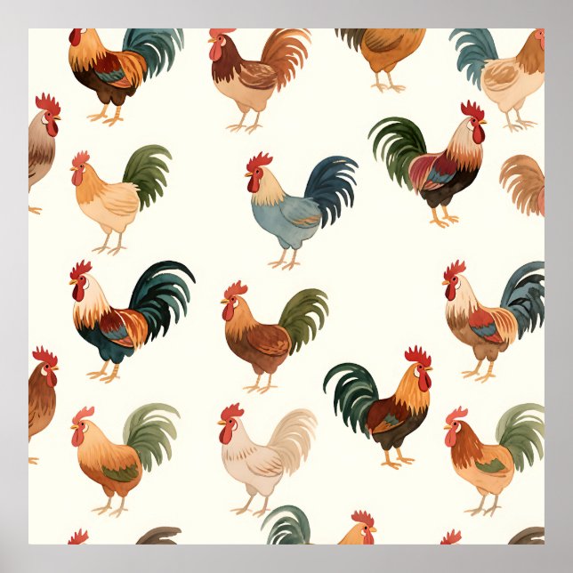 Vintage Rooster Pattern Farmhouse Style Poster (Front)