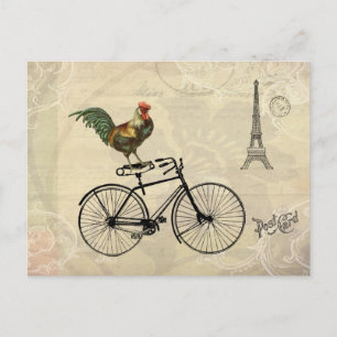 Vintage Rooster Riding a Bike by the Eiffel Tower Postcard