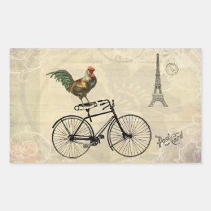 Vintage Rooster Riding a Bike by the Eiffel Tower Rectangular Sticker