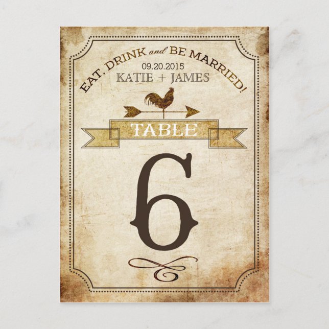 Vintage Rooster Rustic Country Table Number Card (Front)