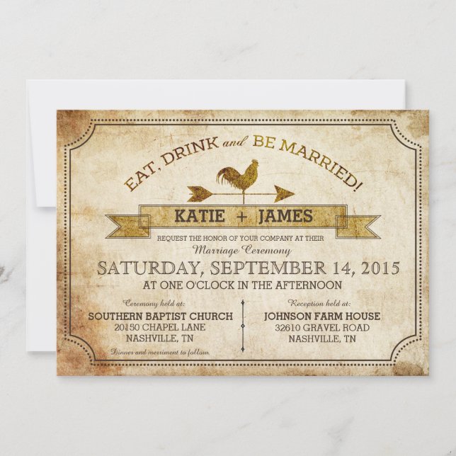 Vintage Rooster Rustic Country Wedding Invitation (Front)