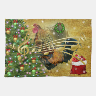 Vintage Rooster Singing Christmas Carols Tea Towel